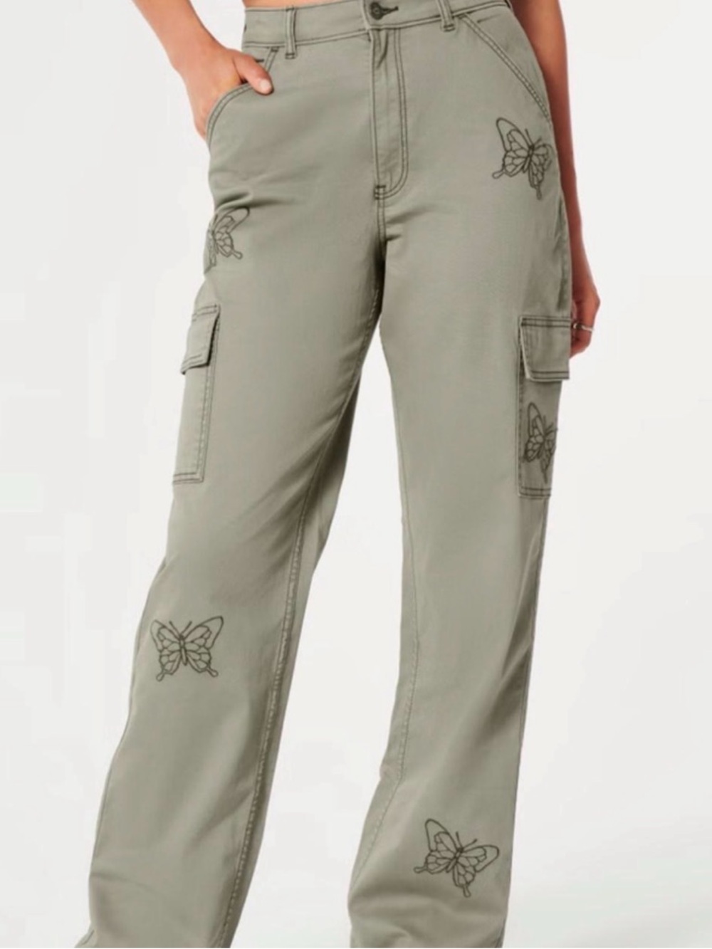 Women’s sage green Cargo Pants with Butterfly Embroidery